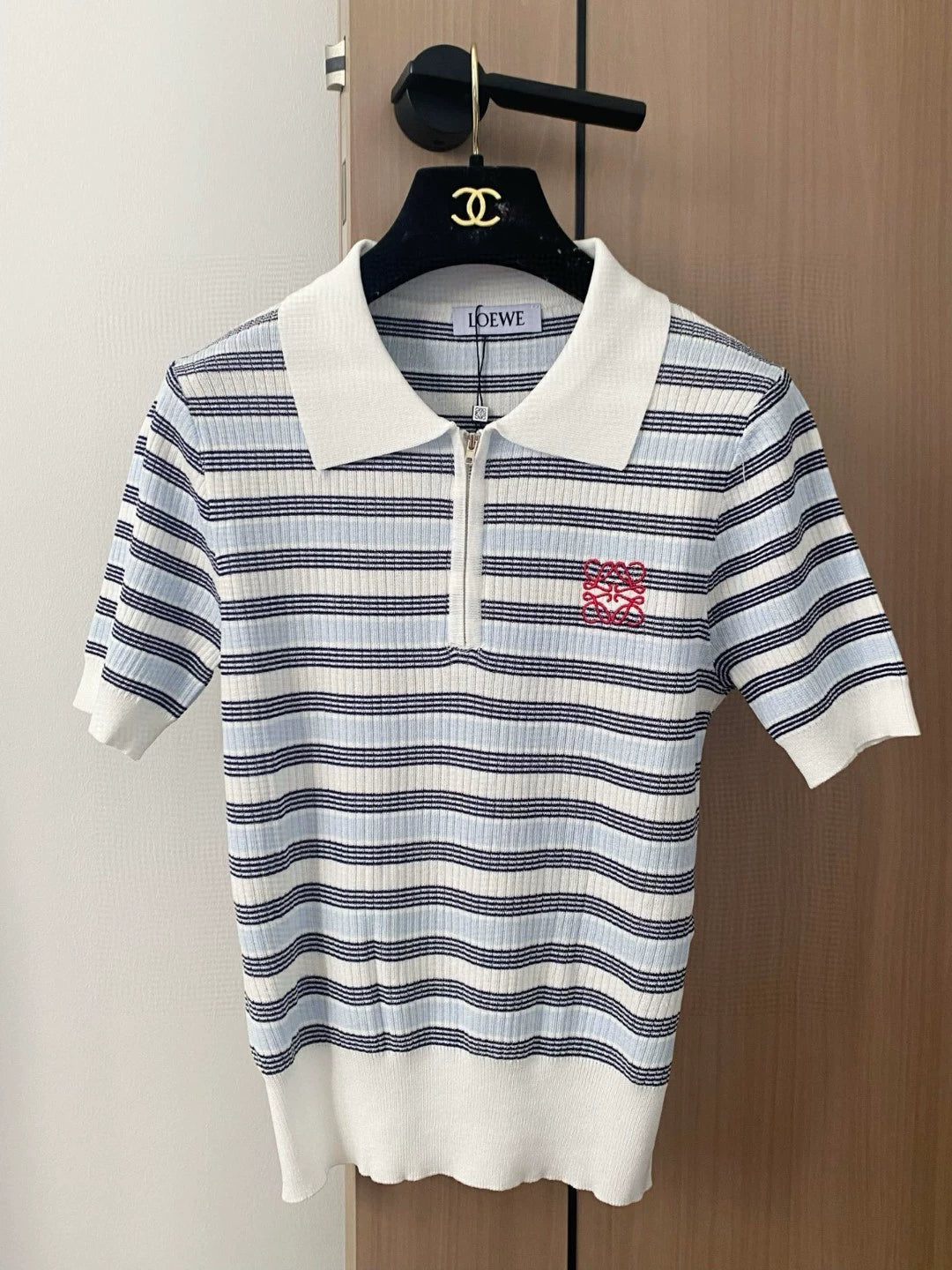 LO 25 New Embroidery Striped Zipper Lapel Short Sleeve Knit