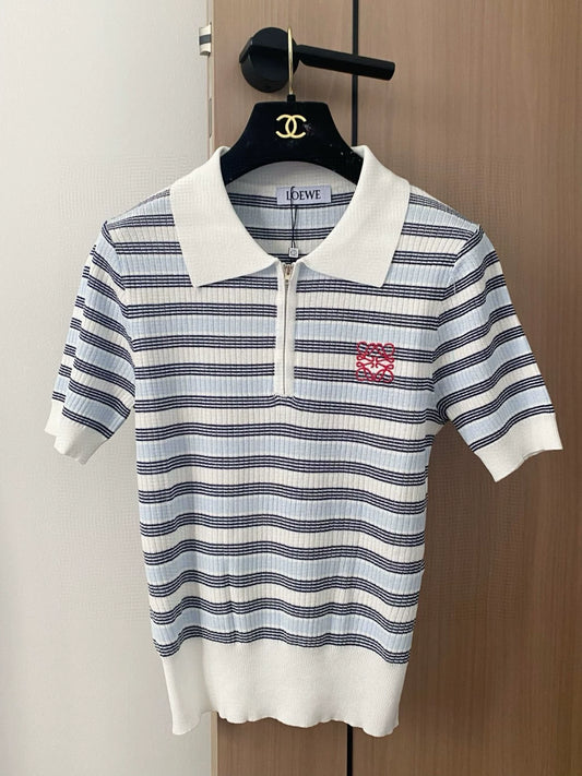 LO 25 New Embroidery Striped Zipper Lapel Short Sleeve Knit