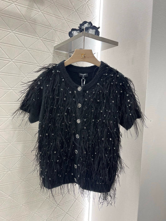 C 25 Rhinestone Feather Knit Cardigan(Black white)