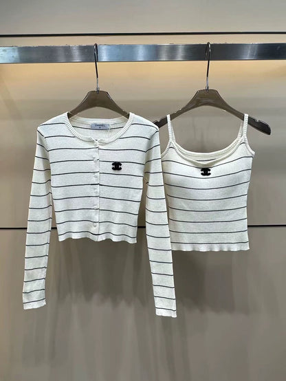 C 25 Spring and Summer New Striped Suspenders with Chest Pads + Cardigan Two-piece Set Two-piece Set