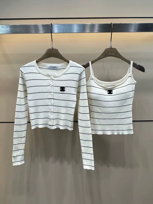 C 25 Spring and Summer New Striped Suspenders with Chest Pads + Cardigan Two-piece Set Two-piece Set
