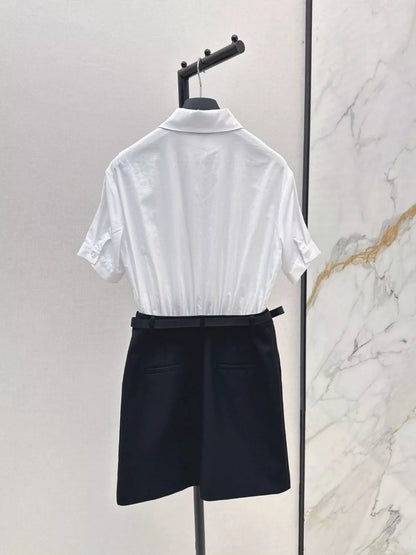 D 25 New Belted Spliced Lapel Shirt Dresses