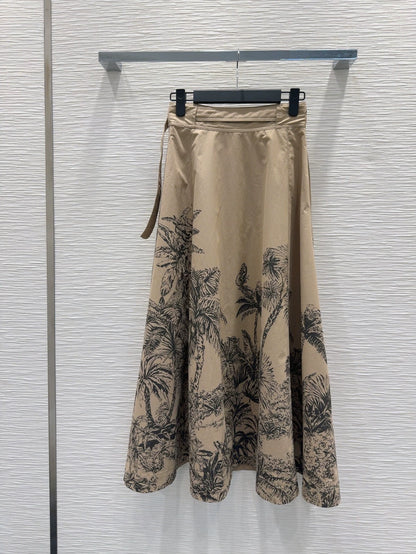 D 25 new brown printed belt single breasted long skirt