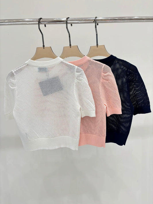 P 25 Early Spring New Round Neck Letter Logo Hollow Knitted Short Sleeves