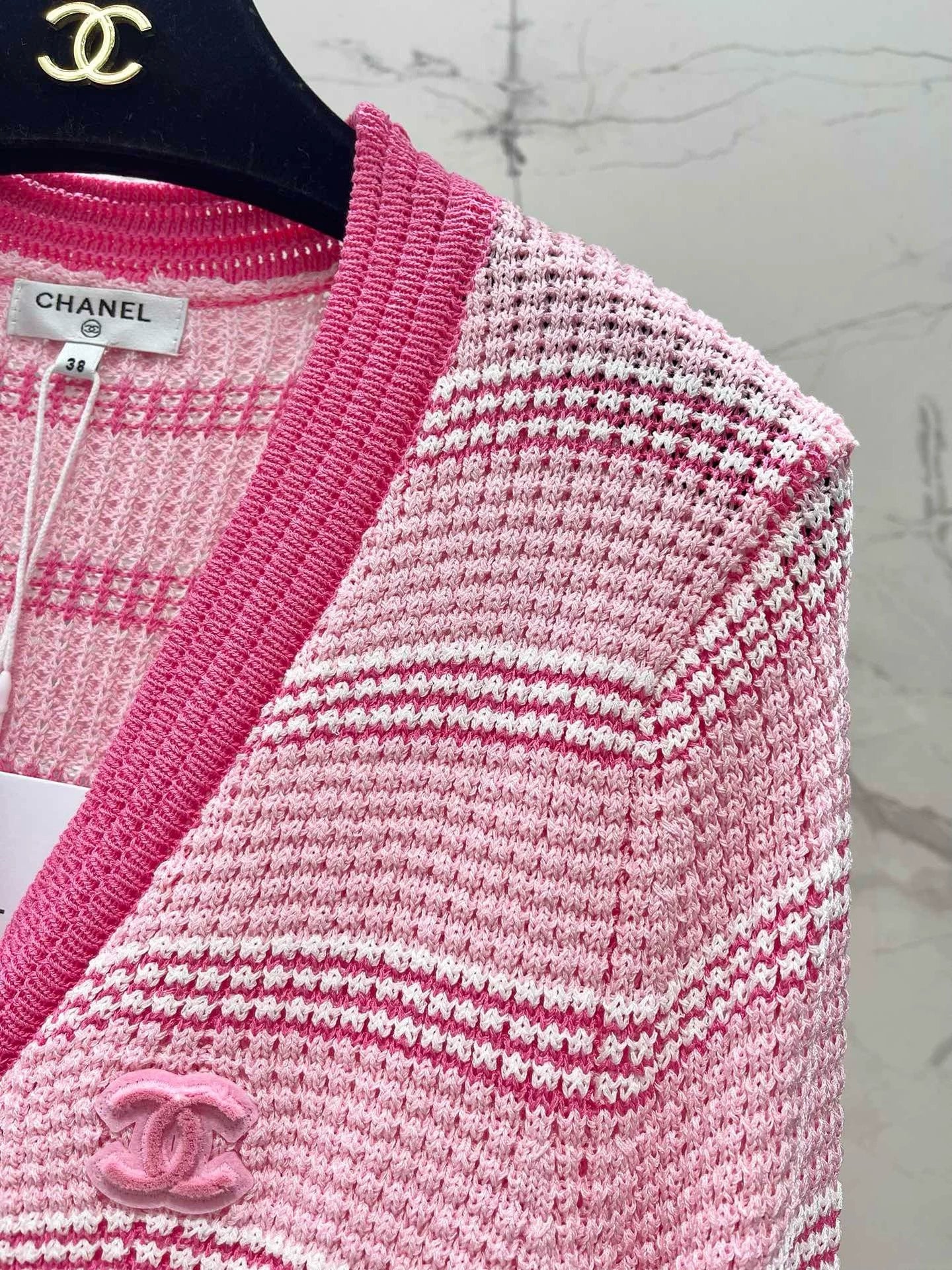 C 25 new hollow color matching striped knitted cardigan
