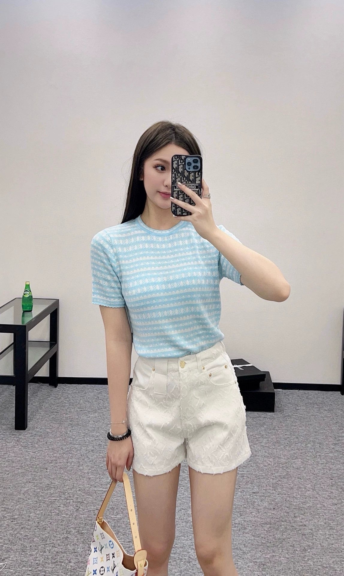 L 25  Striped Crew Neck Knit Short Sleeve Top