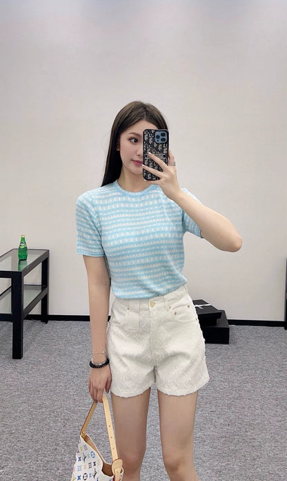 L 25  Striped Crew Neck Knit Short Sleeve Top