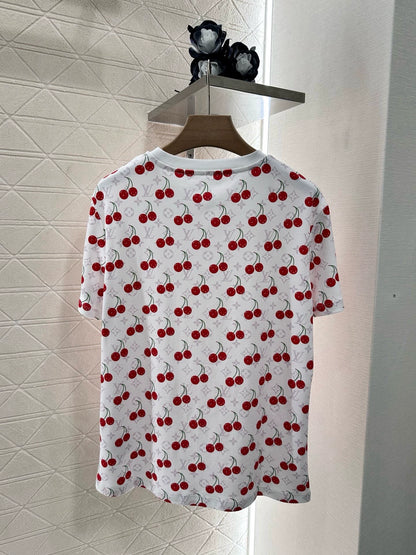 L 25 Vibrant Cherry Print Round Neck Short Sleeve T-Shirt