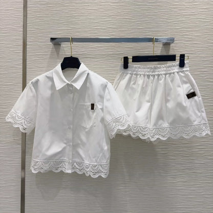 L 25 New splicing lace pocket short sleeve shirt shorts set