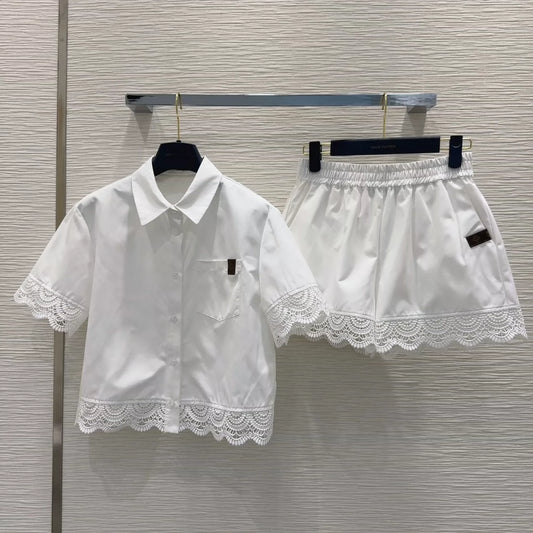 L 25 New splicing lace pocket short sleeve shirt shorts set