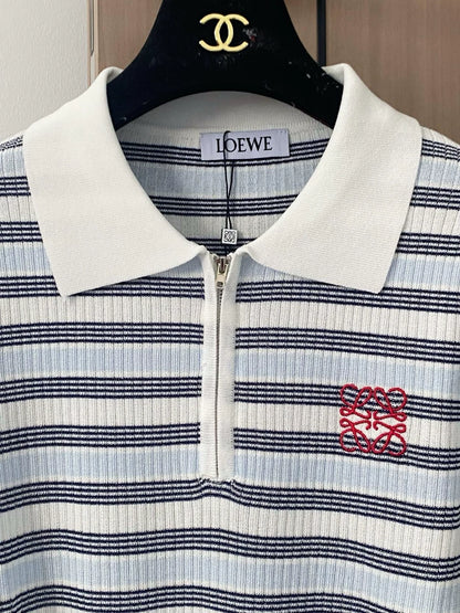 LO 25 New Embroidery Striped Zipper Lapel Short Sleeve Knit
