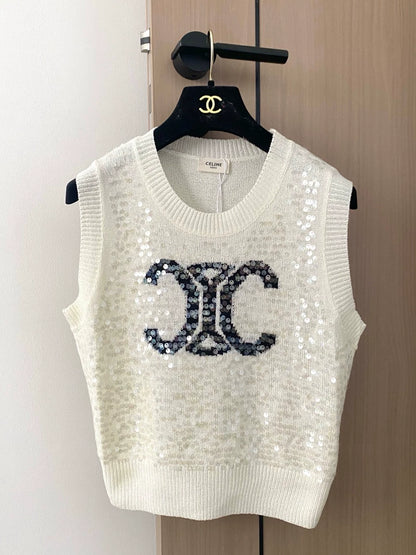 CE 25 new contrast pattern sequin round neck sleeveless knitted vest