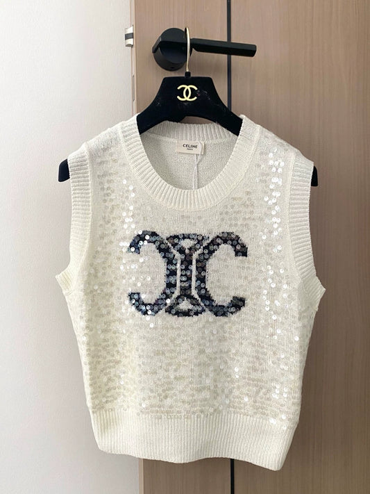 CE 25 new contrast pattern sequin round neck sleeveless knitted vest