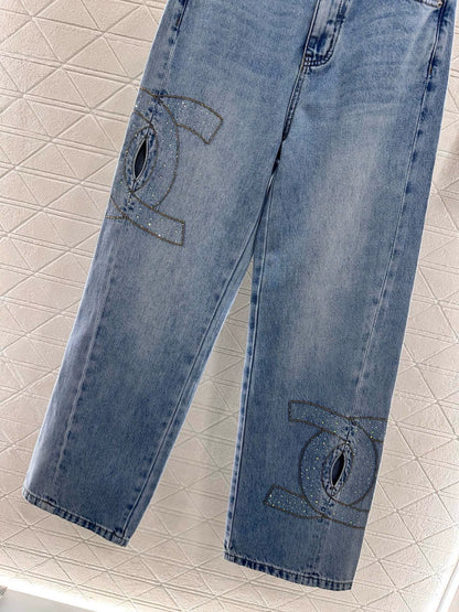 C 25 Wide Leg Rhinestone Denim Trousers