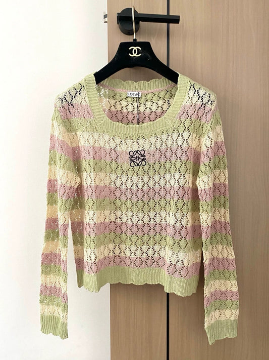 LO 25 new hollow gradient color embroidery pattern round neck long sleeve knitted