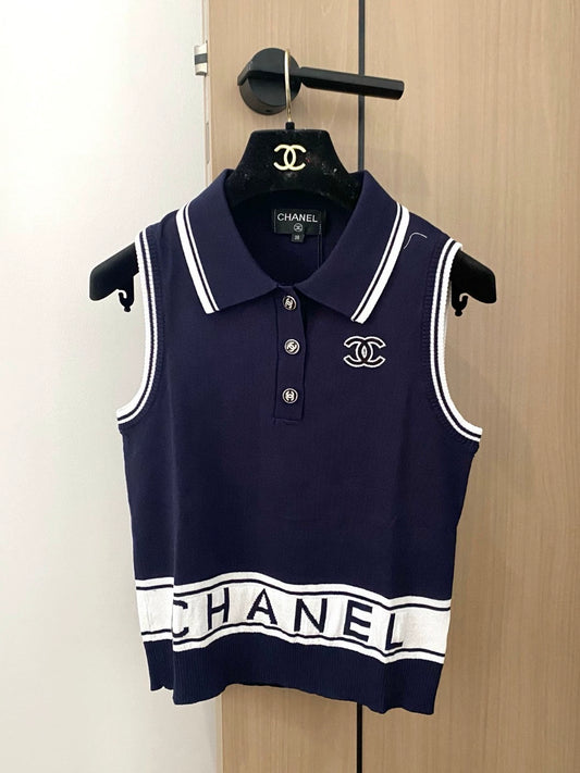 c 25 New Color Clash Letter Stripe Button Down Collar Sleeveless Knit Tank Top