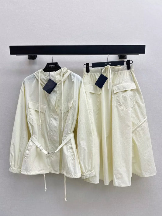 P 25 Spring/Summer New Trench Coat Hooded Belt Trench Coat + Half Skirt Set