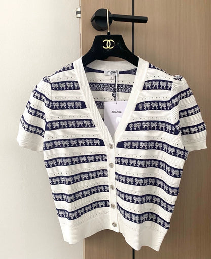 C 25 new striped bowknot V-neck short-sleeved knitted cardigan
