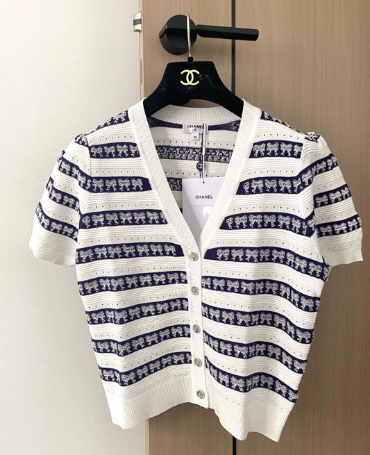 C 25 new striped bowknot V-neck short-sleeved knitted cardigan