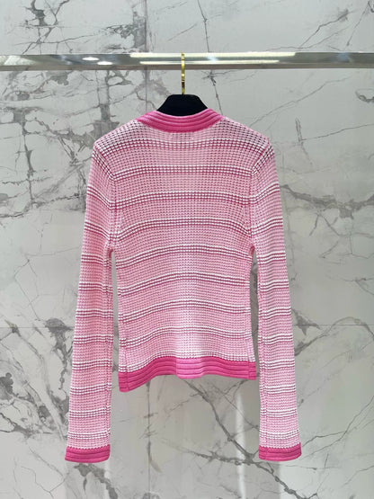 C 25 new hollow color matching striped knitted cardigan