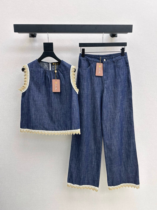 LO 25 Denim Sleeveless Vest + Straight Leg Pants Set