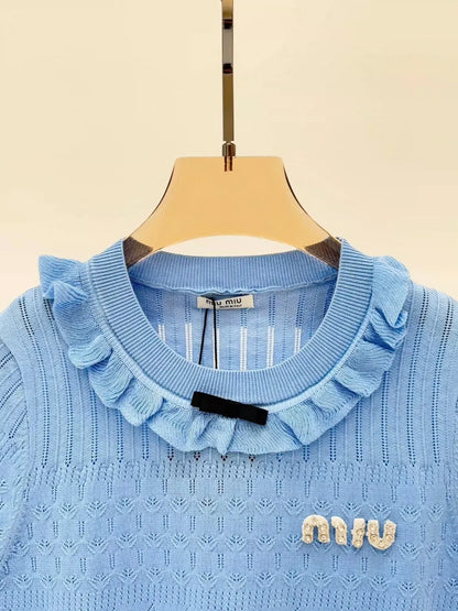 M 25 Early spring new round neck letter logo inlaid diamond ruffles decorative casual knitted short sleeves