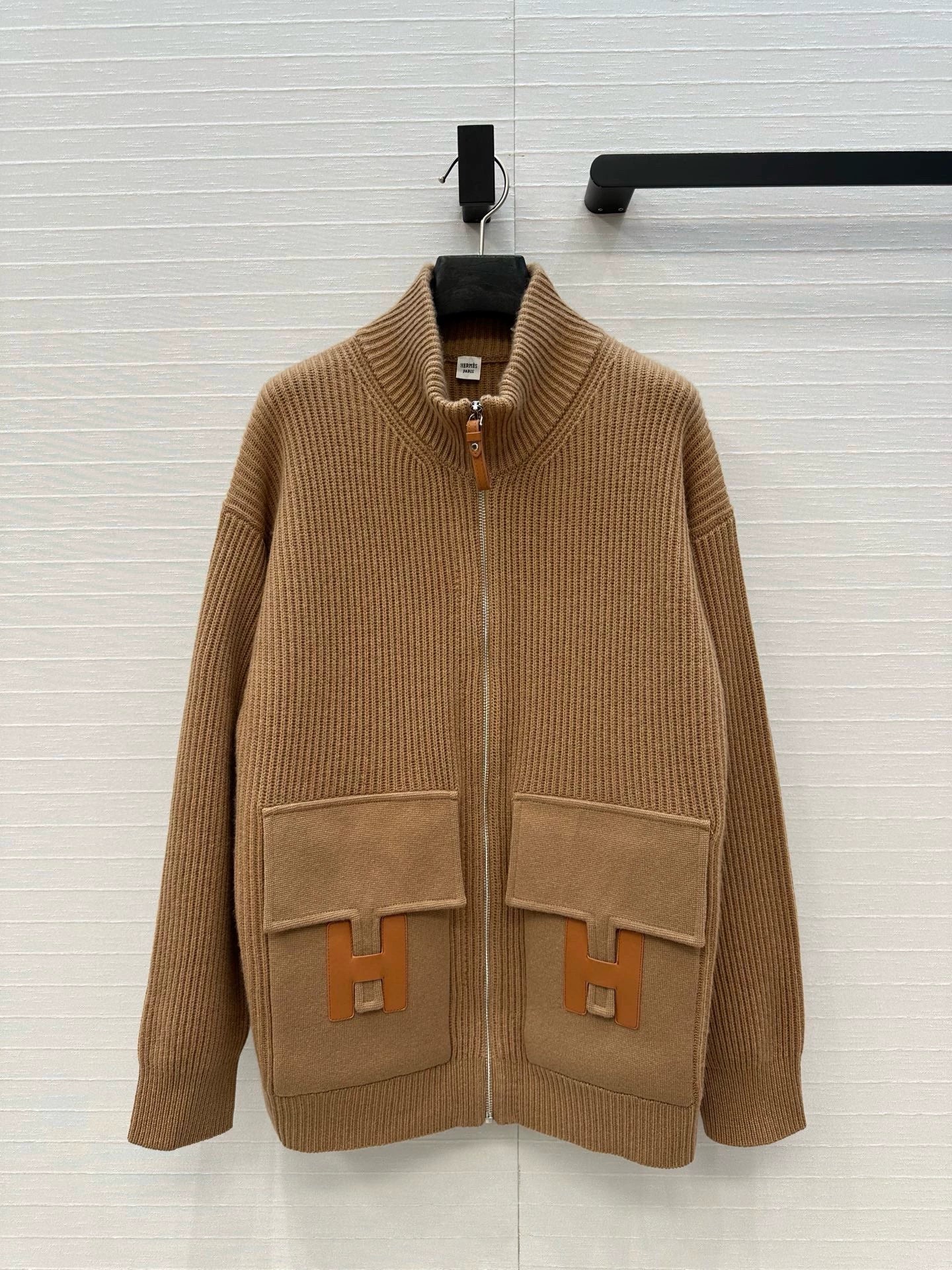 He 25 Mid-length cashmere knitted zip-up jacket(100% cashmere BROWN/GRAY)