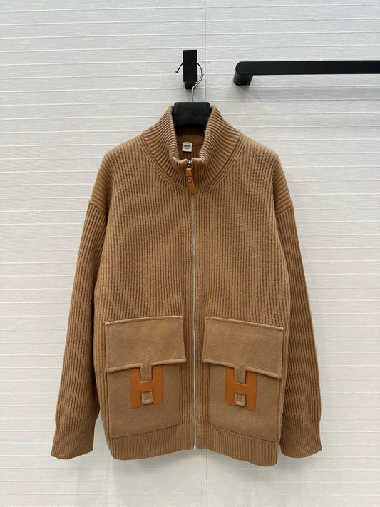 He 25 Mid-length cashmere knitted zip-up jacket(100% cashmere BROWN/GRAY)