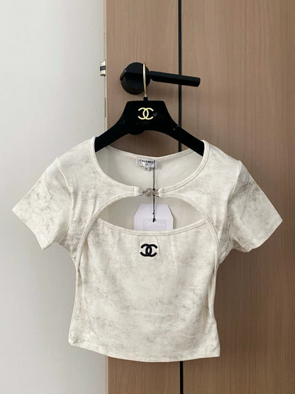 C 25 new metal buckle hollow short-sleeved T-shirt(white black gray)