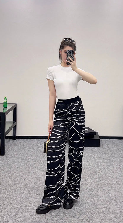 C 25 Pearl Chain Drawstring Straight Leg Pants