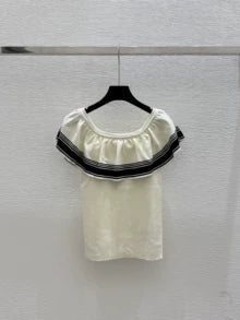 LO 2025 Summer New Color-contrast Ruffled One-shoulder Knitted Short-sleeved Top