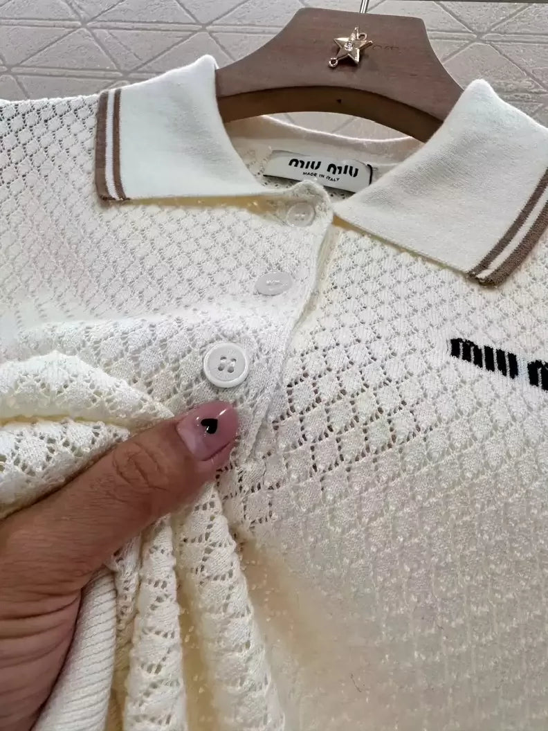 M 25 Hollow knitted lapel short-sleeved top!
