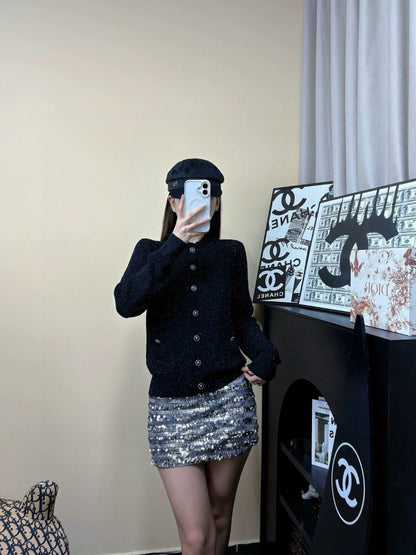 C 2025 Summer New Hollow Pocket Single-Breasted Ruffled Stand Collar Long-Sleeved Knitted Cardigan