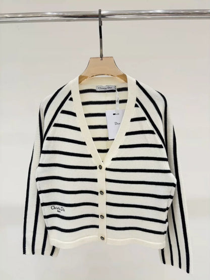 D 25 Spring and Summer new V-neck letter logo embroidery stripes contrast color casual knitted cardigan