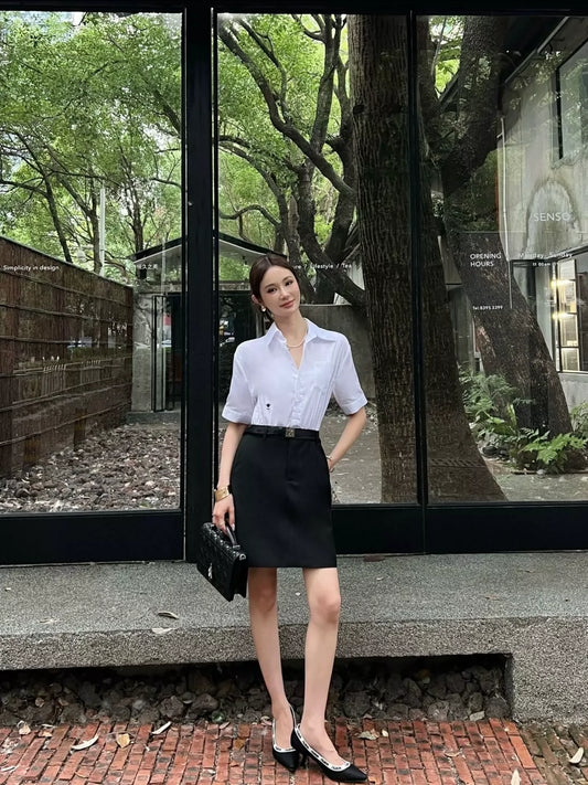 D 25 New Belted Spliced Lapel Shirt Dresses