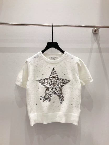 D 25 New Five-pointed star embroidery round neck short-sleeved knitted top