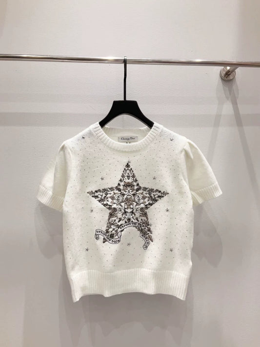 D 25 New Five-pointed star embroidery round neck short-sleeved knitted top