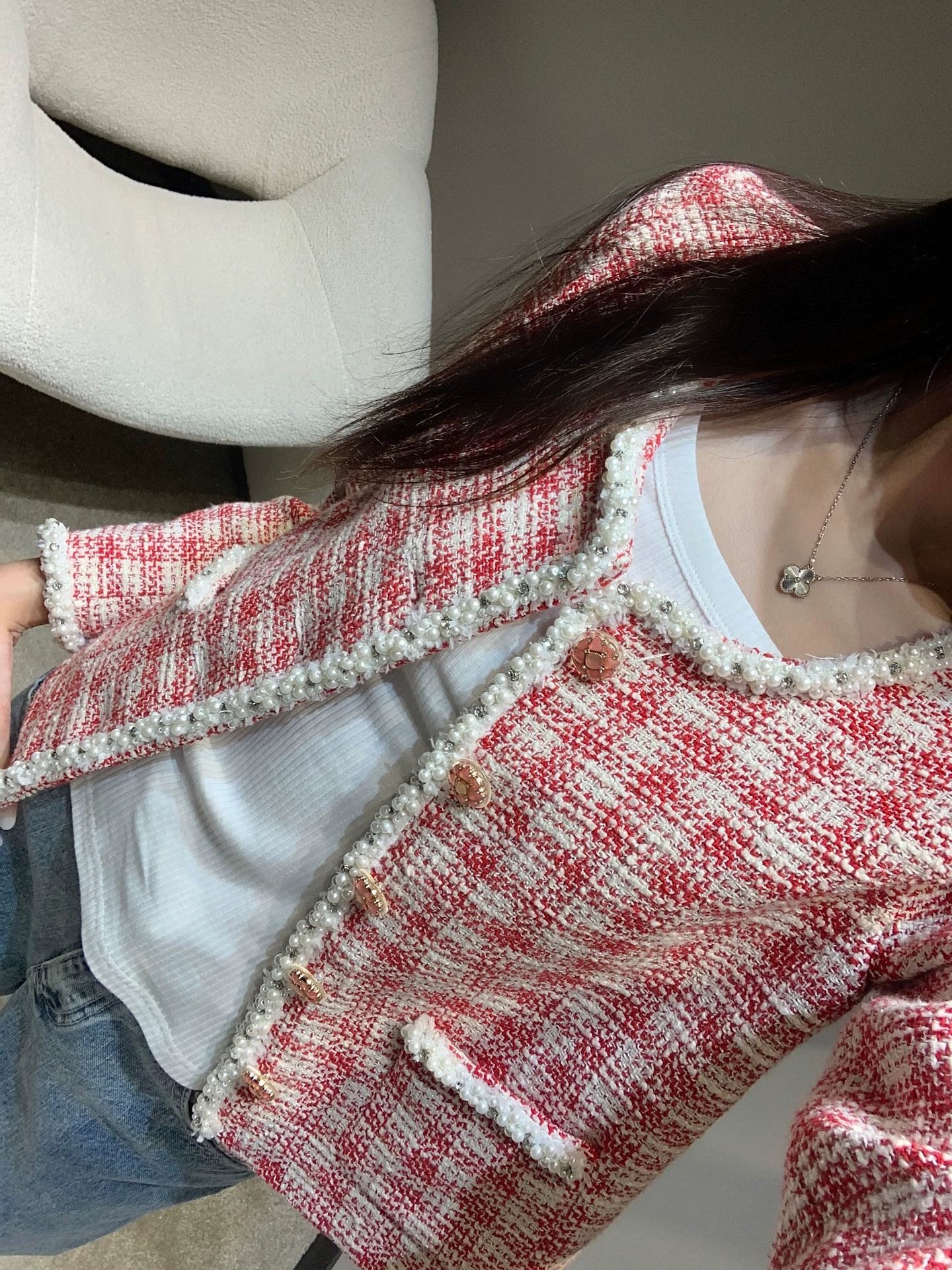 C 25 Red and white checked tweed jacket with beaded trim