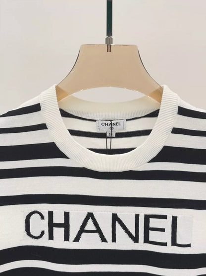 C 25 Summer New Black and White Striped Letter Logo Jacquard Knitted Short Sleeves