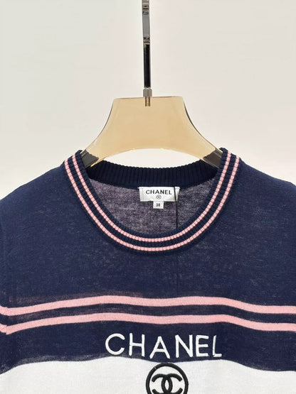 C 25 Summer new round neck letter jacquard striped color matching casual knitted short sleeves