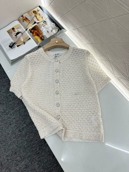 C 25 New Beaded Silver Silk Knit Short Sleeve Cardigan(WHITE BLUE PINK)