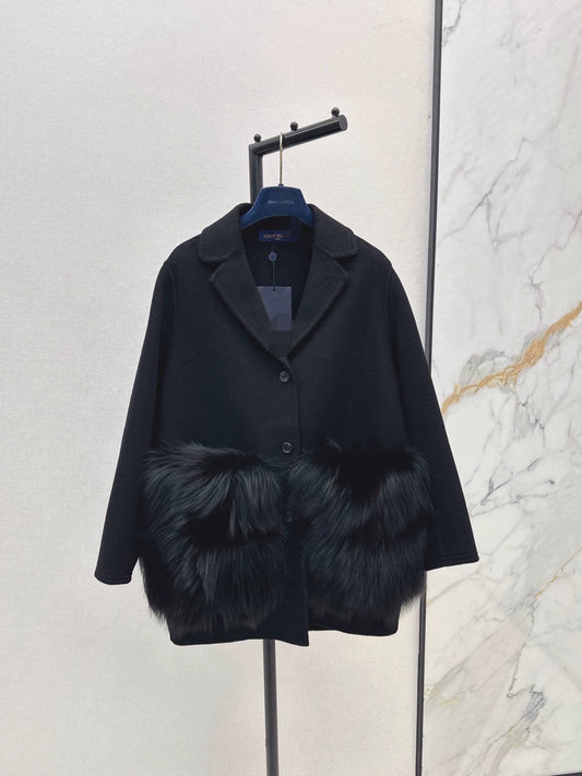 L 25fw wool coat with fox fur trim