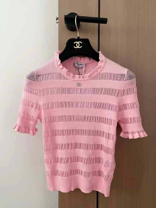C 25 New Striped Hollow Round Neck Short Sleeve Knit