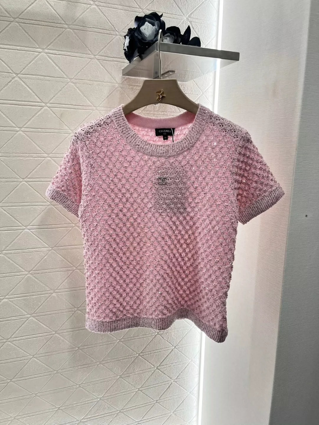C 25 Beaded Micro Sheer Knit Short Sleeve Top(white pink black)