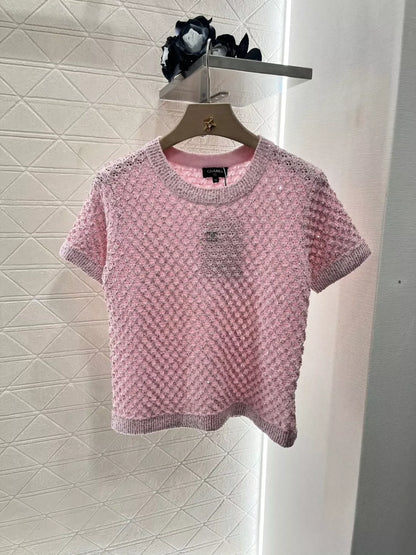 C 25 Beaded Micro Sheer Knit Short Sleeve Top(white pink black)