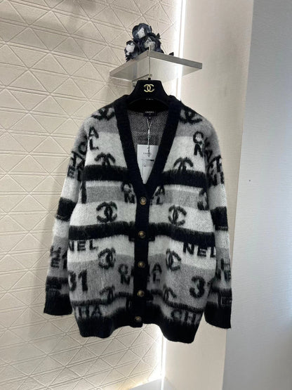C 25 Letter jacquard V-neck knitted wool and cashmere cardigan