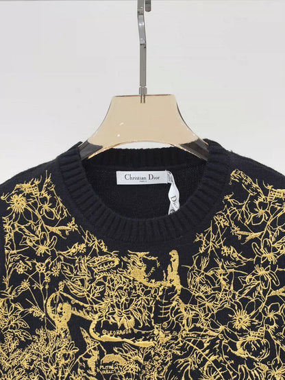 D 25 Gilded embroidered round neck long-sleeved knitted top
