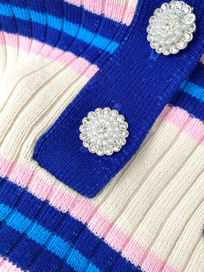 V 25 new striped button-down lapel short-sleeved knitted top