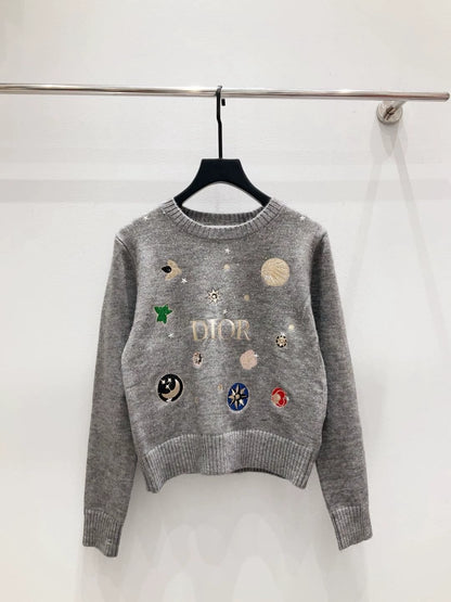 D 25 new heavy-duty hot-drilled letter planet pattern round neck long-sleeved knitted top(white/blue/gray)