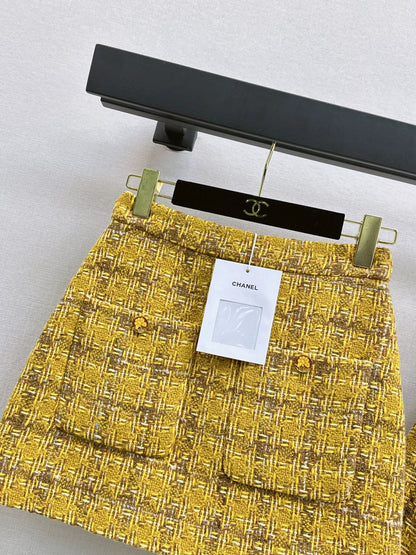 C 25 Camellia Decorated Braided Jacket + A-Line Skirt Set